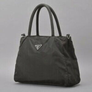 PRADA handbag triangular plate Dark Brown Black tote bag kg